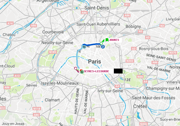 plan itinéraire ratp de Jaurès à Sèvres-Lecourbe