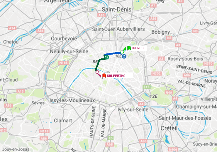 plan itinéraire ratp de Jaurès à Solférino