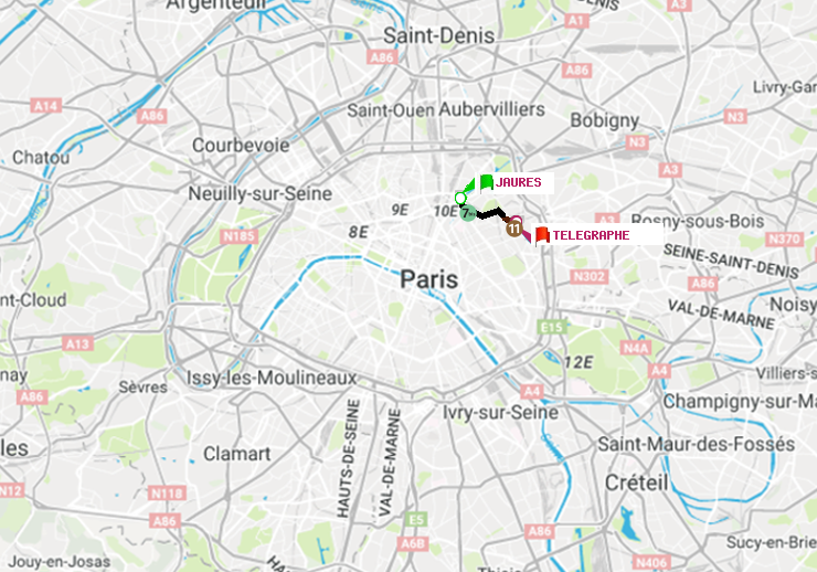 plan itinéraire ratp de Jaurès à Telegraphe