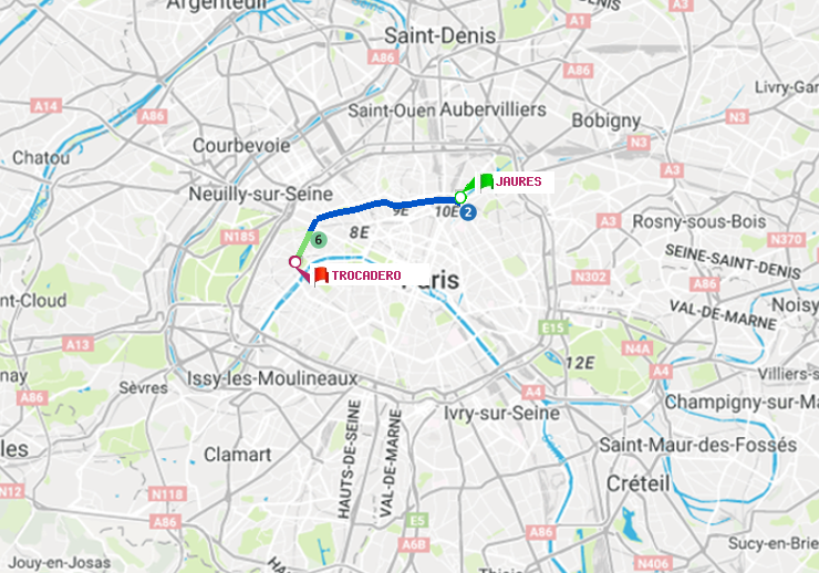 plan itinéraire ratp de Jaurès à Trocadéro