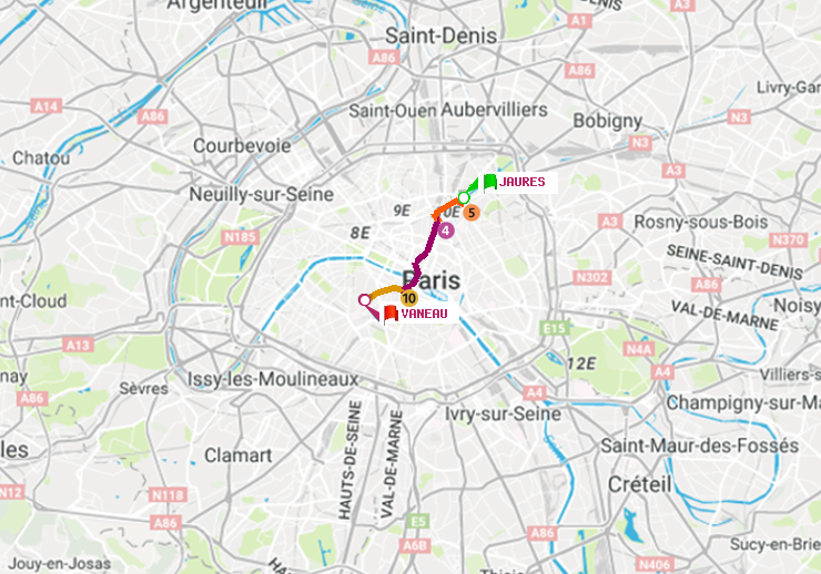 plan itinéraire ratp de Jaurès à Vaneau