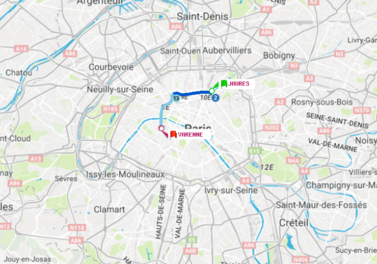 plan itinéraire ratp de Jaurès à Varenne