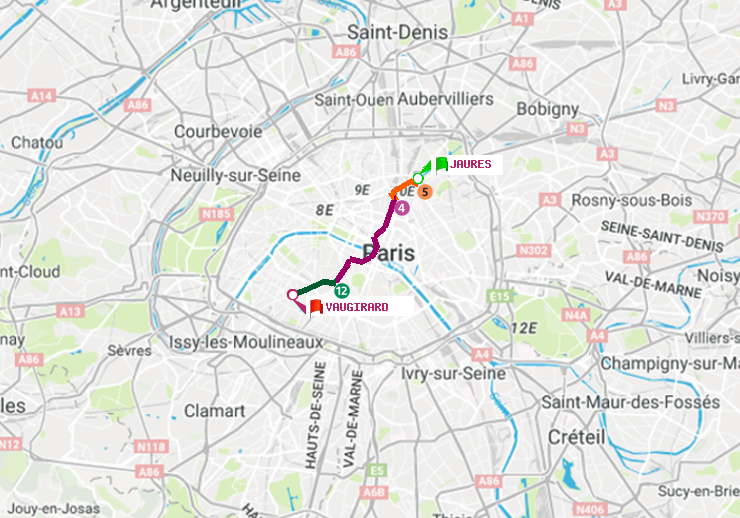 plan itinéraire ratp de Jaurès à Vaugirard (Adolphe Chérioux)