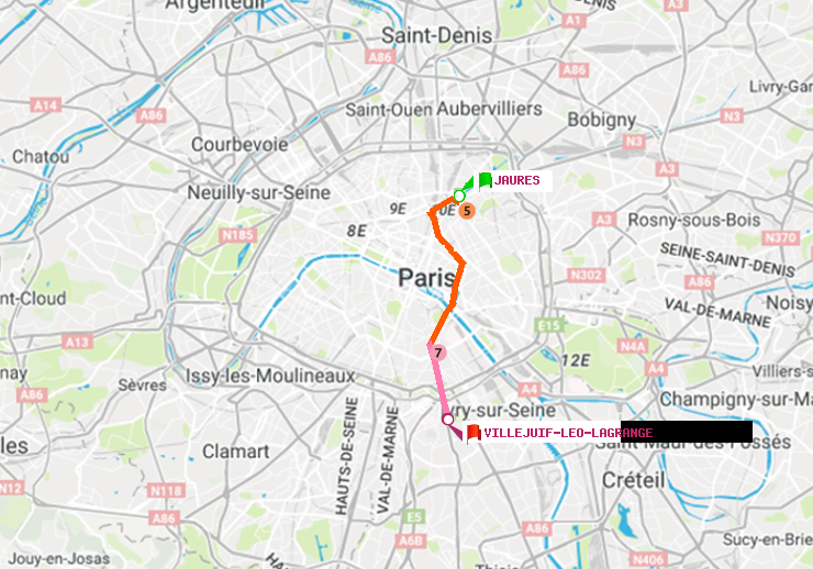 plan itinéraire ratp de Jaurès à Villejuif-Léo Lagrange