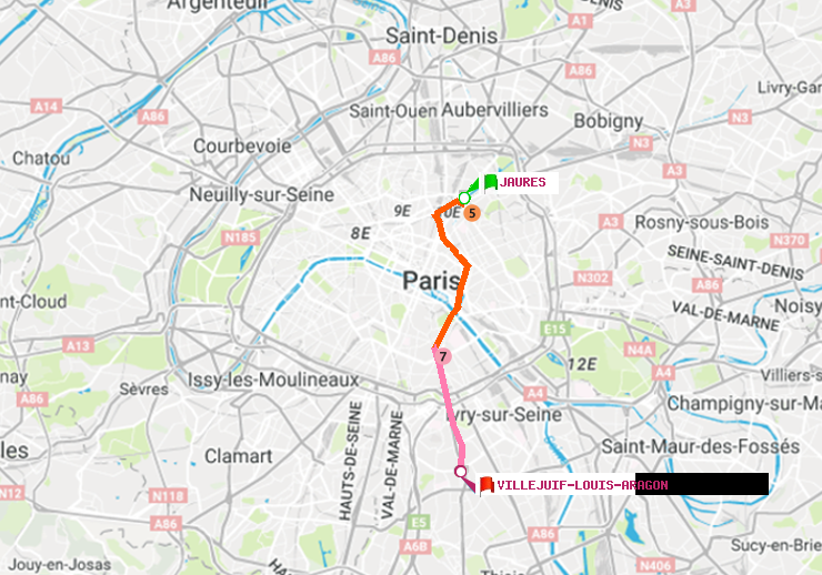 plan itinéraire ratp de Jaurès à Villejuif-Louis Aragon
