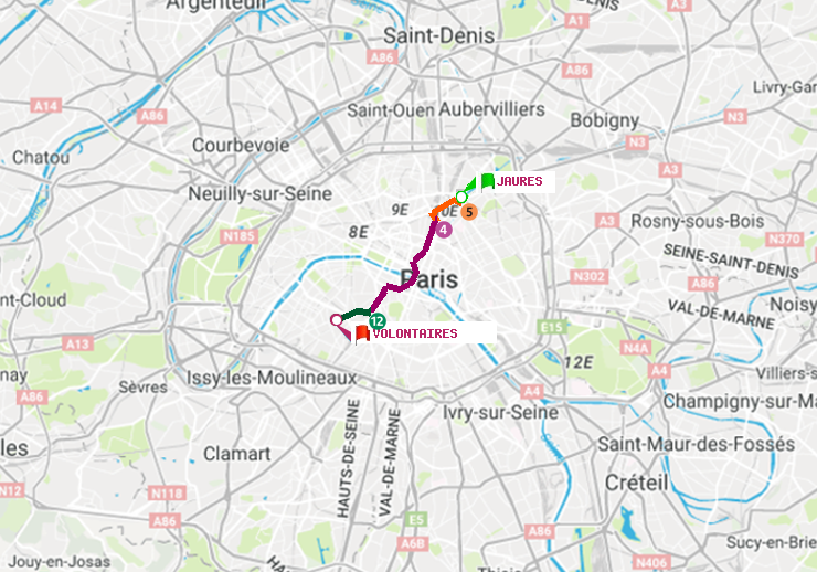 plan itinéraire ratp de Jaurès à Volontaires
