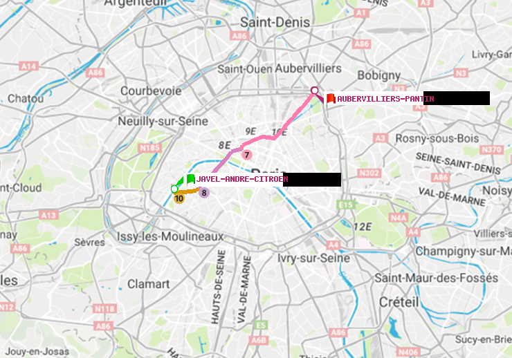 plan itinéraire ratp de Javel-André-Citroen à Aubervilliers Pantin (4 Chemins)