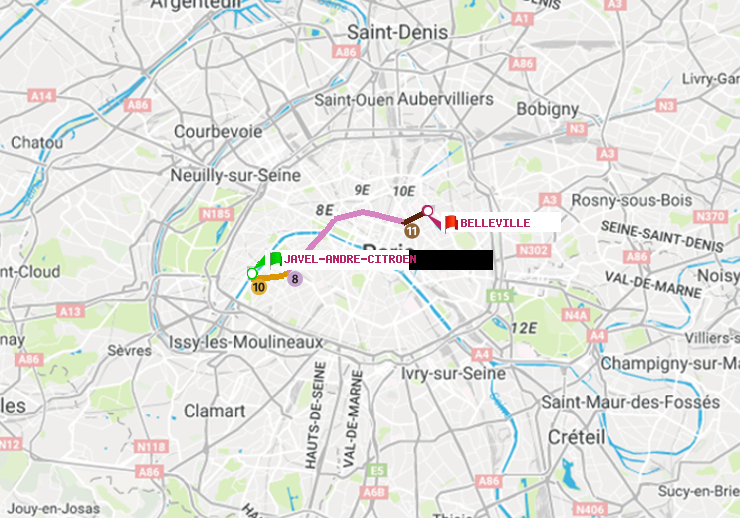 plan itinéraire ratp de Javel-André-Citroen à Belleville