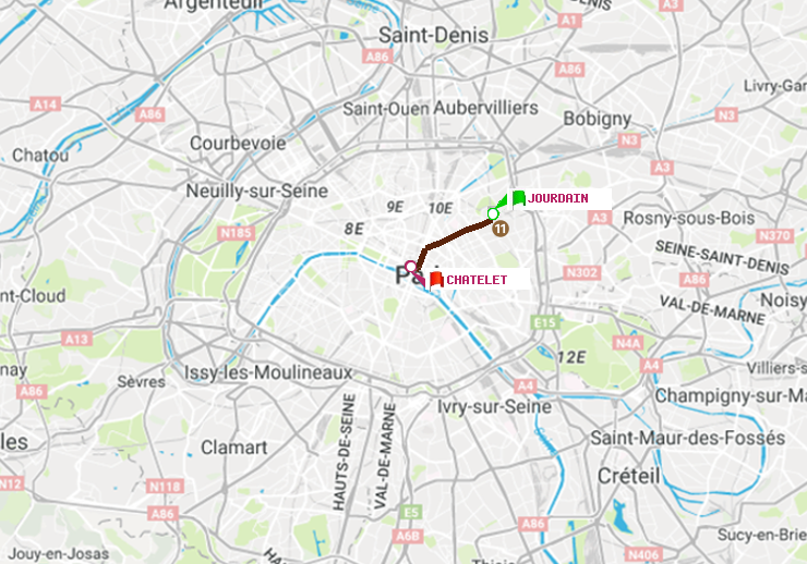 plan itinéraire ratp de Jourdain à Châtelet