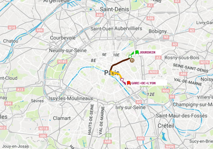 plan itinéraire ratp de Jourdain à Gare de Lyon