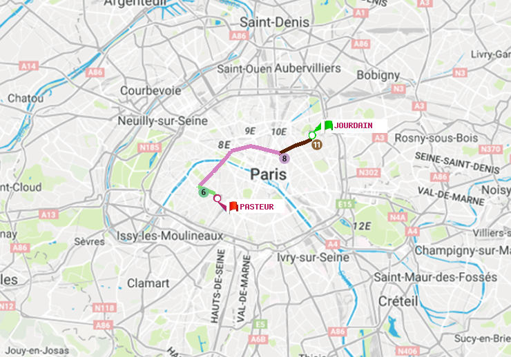 plan itinéraire ratp de Jourdain à Pasteur