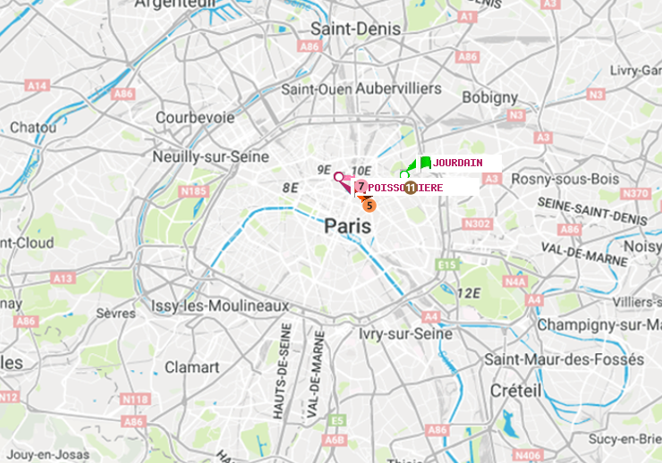 plan itinéraire ratp de Jourdain à Poissonnière