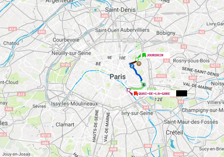 plan itinéraire ratp de Jourdain à Quai de la Gare