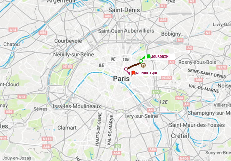 plan itinéraire ratp de Jourdain à République