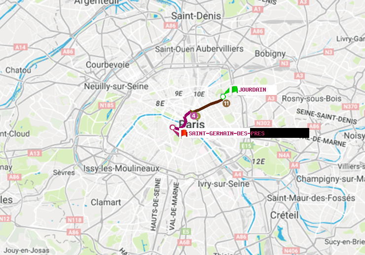 plan itinéraire ratp de Jourdain à Saint-Germain des Prés