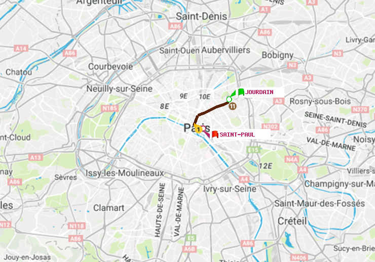 plan itinéraire ratp de Jourdain à Saint-Paul (Le Marais)