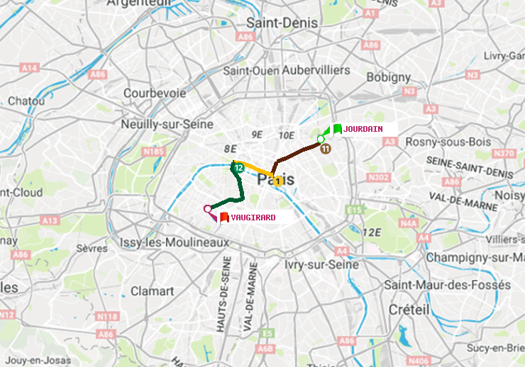 plan itinéraire ratp de Jourdain à Vaugirard (Adolphe Chérioux)