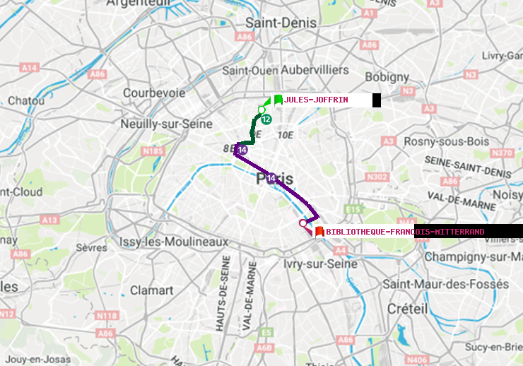 plan itinéraire ratp de Jules Joffrin à Bibliotheque-Francois Mitterrand