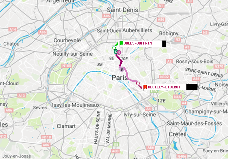 plan itinéraire ratp de Jules Joffrin à Reuilly-Diderot