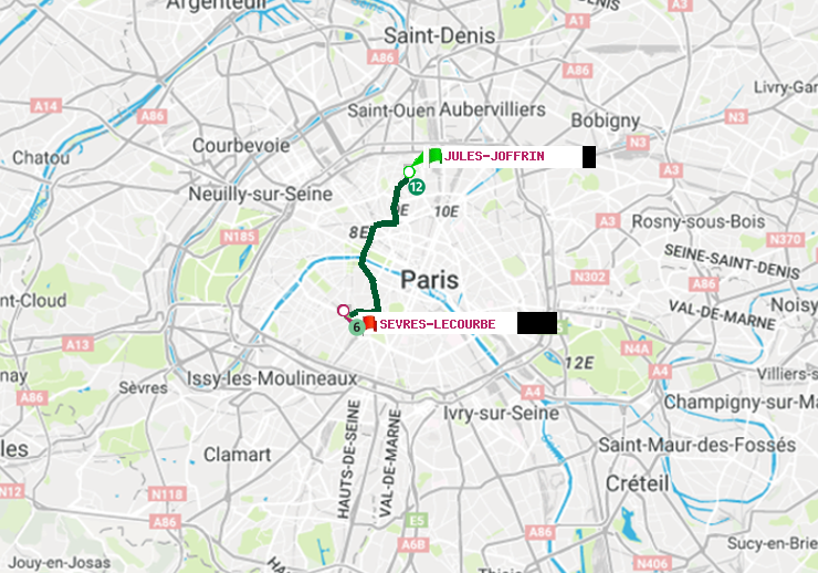 plan itinéraire ratp de Jules Joffrin à Sèvres-Lecourbe