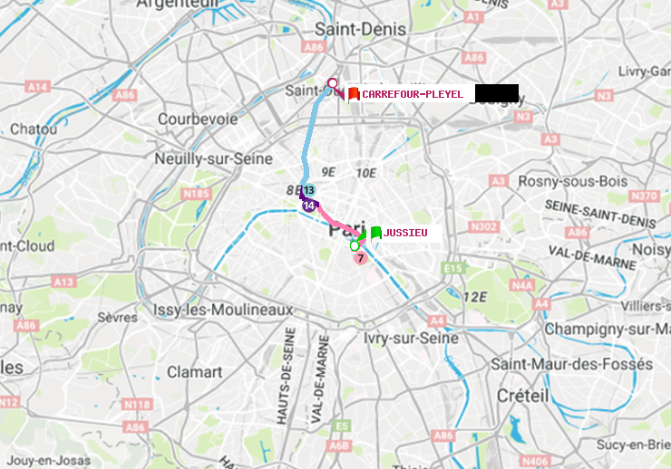 plan itinéraire ratp de Jussieu à Carrefour-Pleyel