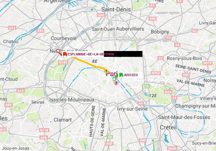 plan itinéraire ratp de Jussieu à Esplanade de la Défense