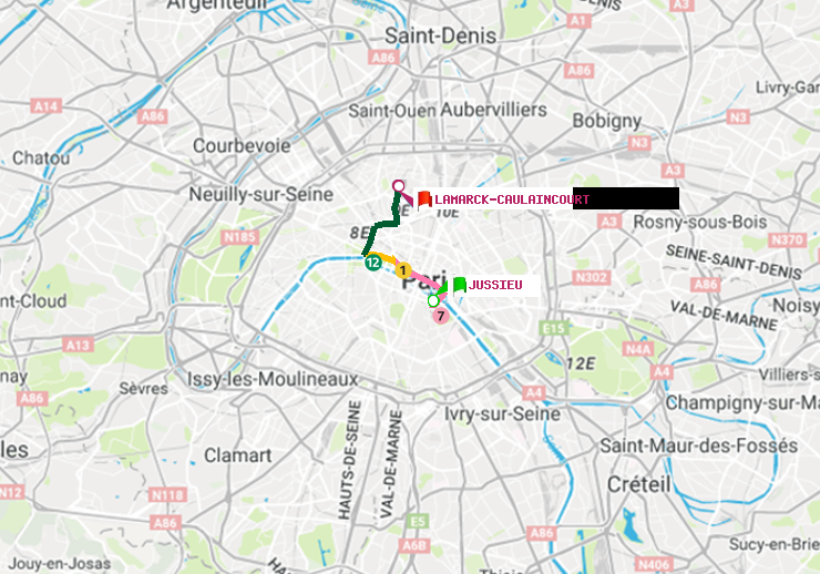plan itinéraire ratp de Jussieu à Lamarck-Caulaincourt