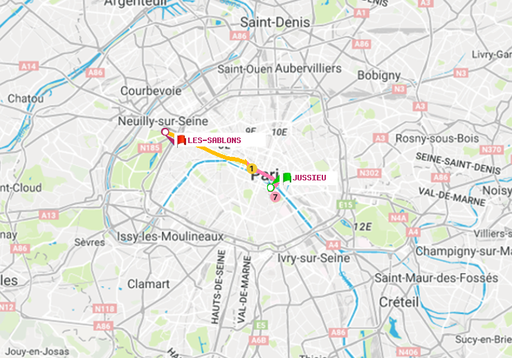 plan itinéraire ratp de Jussieu à Les Sablons (Jardin d