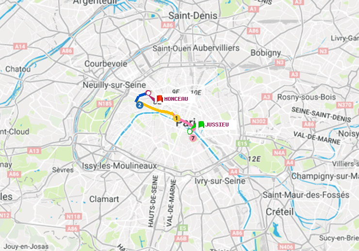 plan itinéraire ratp de Jussieu à Monceau