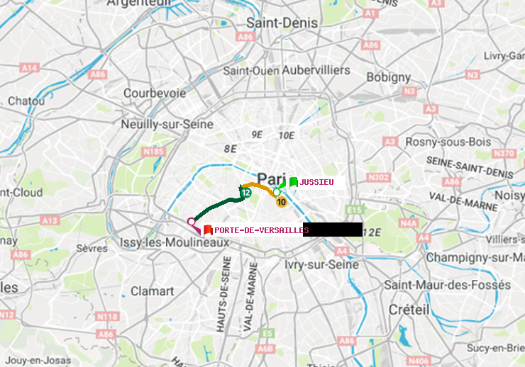plan itinéraire ratp de Jussieu à Porte de Versailles