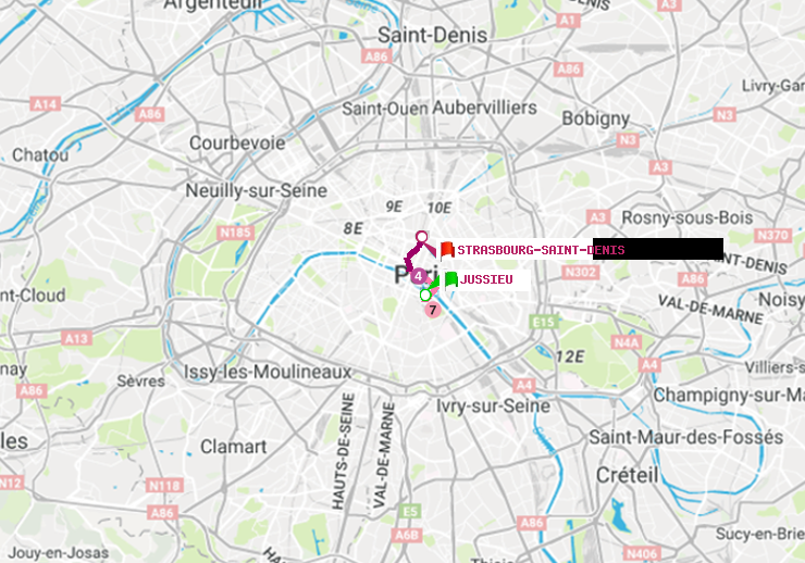 plan itinéraire ratp de Jussieu à Strasbourg-Saint-Denis