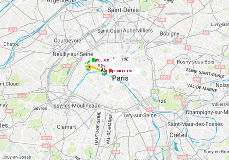 plan itinéraire ratp de Kléber à Madeleine