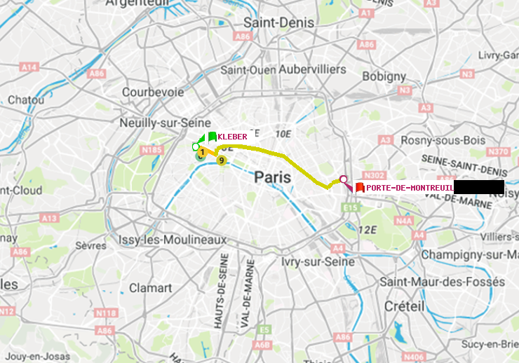 plan itinéraire ratp de Kléber à Porte de Montreuil