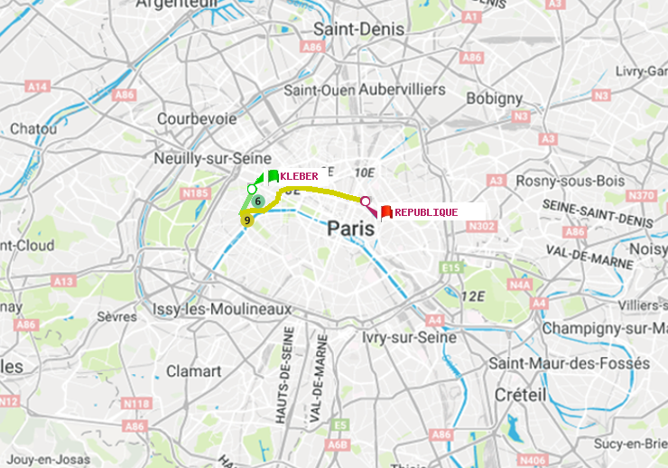 plan itinéraire ratp de Kléber à République