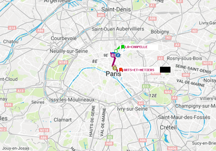 plan itinéraire ratp de La Chapelle à Arts-et-Métiers