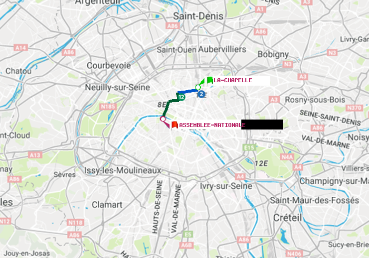 plan itinéraire ratp de La Chapelle à Assemblée Nationale
