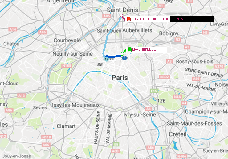 plan itinéraire ratp de La Chapelle à Basilique de Saint-Denis