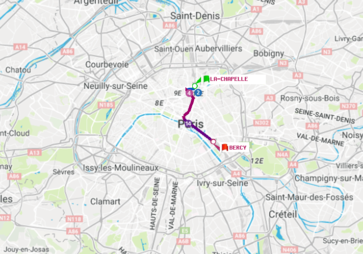 plan itinéraire ratp de La Chapelle à Bercy