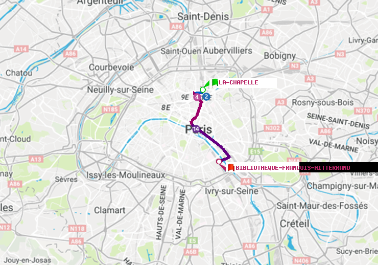 plan itinéraire ratp de La Chapelle à Bibliotheque-Francois Mitterrand