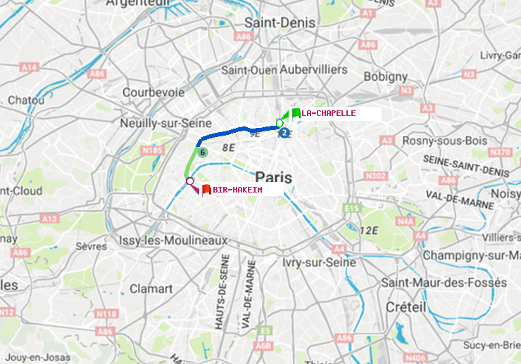 plan itinéraire ratp de La Chapelle à Bir-Hakeim (Grenelle)