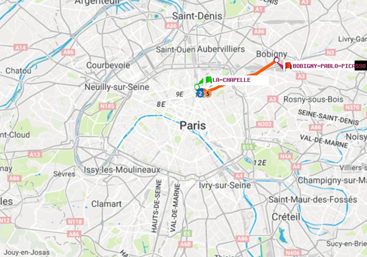 plan itinéraire ratp de La Chapelle à Bobigny-Pablo-Picasso