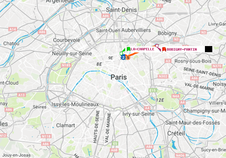 plan itinéraire ratp de La Chapelle à Bobigny-Pantin (Raymond Queneau)