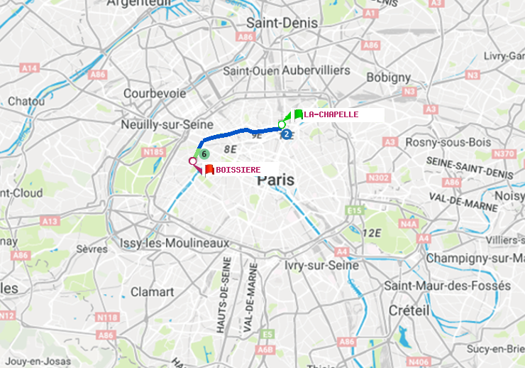 plan itinéraire ratp de La Chapelle à Boissière
