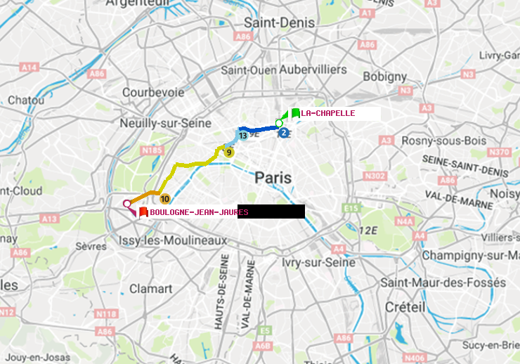 plan itinéraire ratp de La Chapelle à Boulogne-Jean-Jaurès