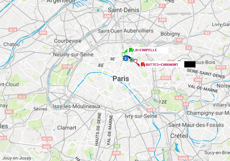 plan itinéraire ratp de La Chapelle à Buttes-Chaumont