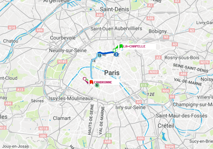 plan itinéraire ratp de La Chapelle à Cambronne