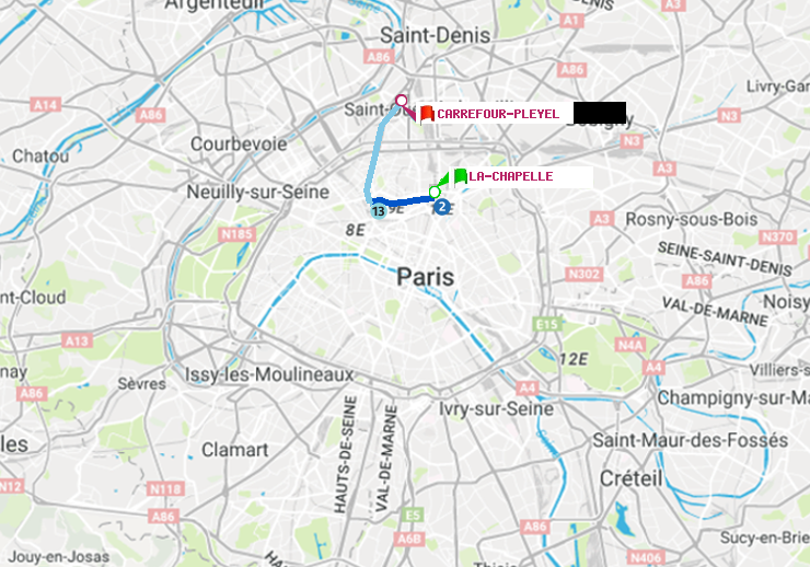 plan itinéraire ratp de La Chapelle à Carrefour-Pleyel