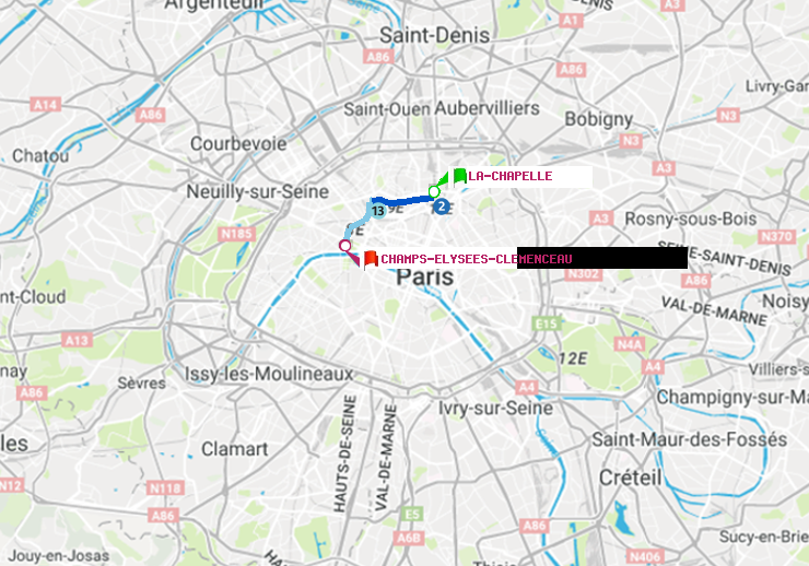 plan itinéraire ratp de La Chapelle à Champs-Elysées-Clémenceau