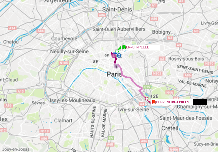 plan itinéraire ratp de La Chapelle à Charenton-Ecoles