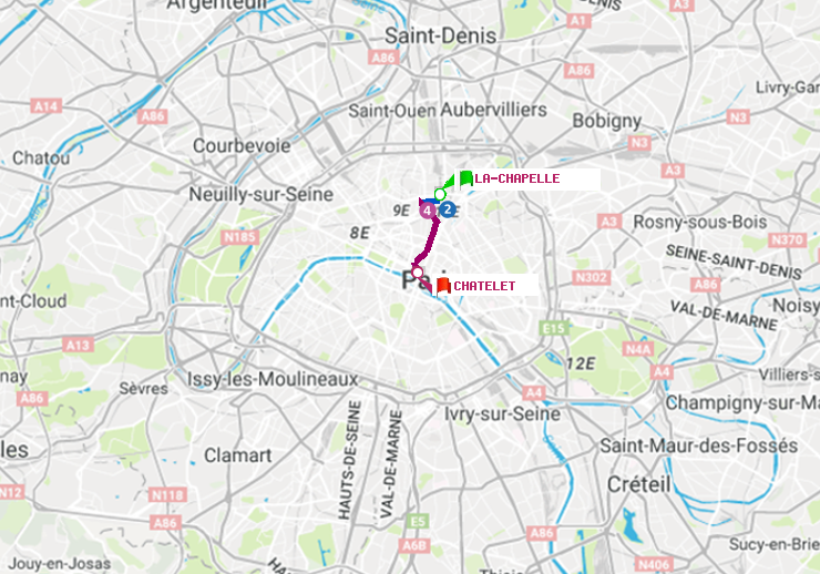 plan itinéraire ratp de La Chapelle à Châtelet
